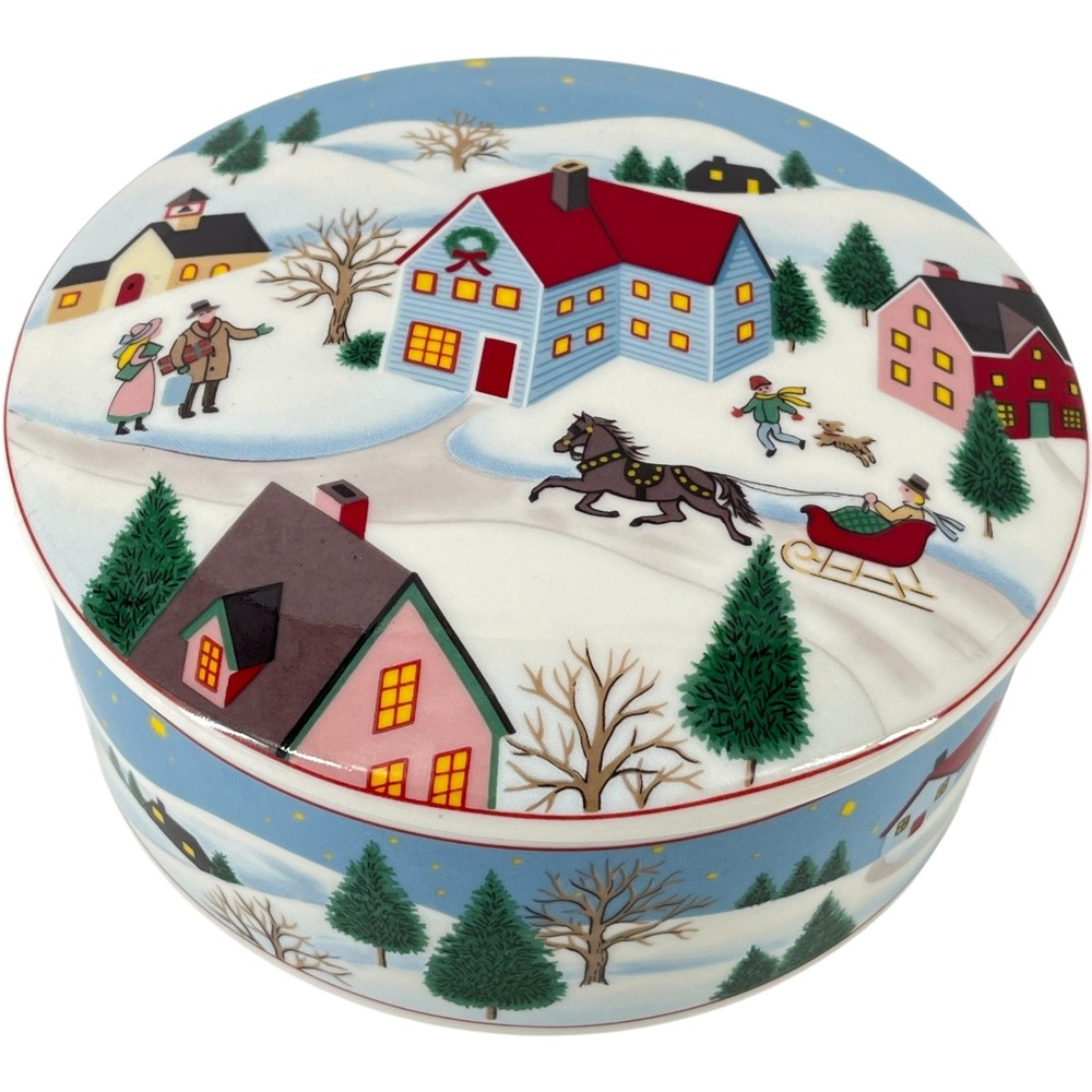Mikasa Holiday Village Covered Candy Dish Round Ceramic Winter Sleigh Japan